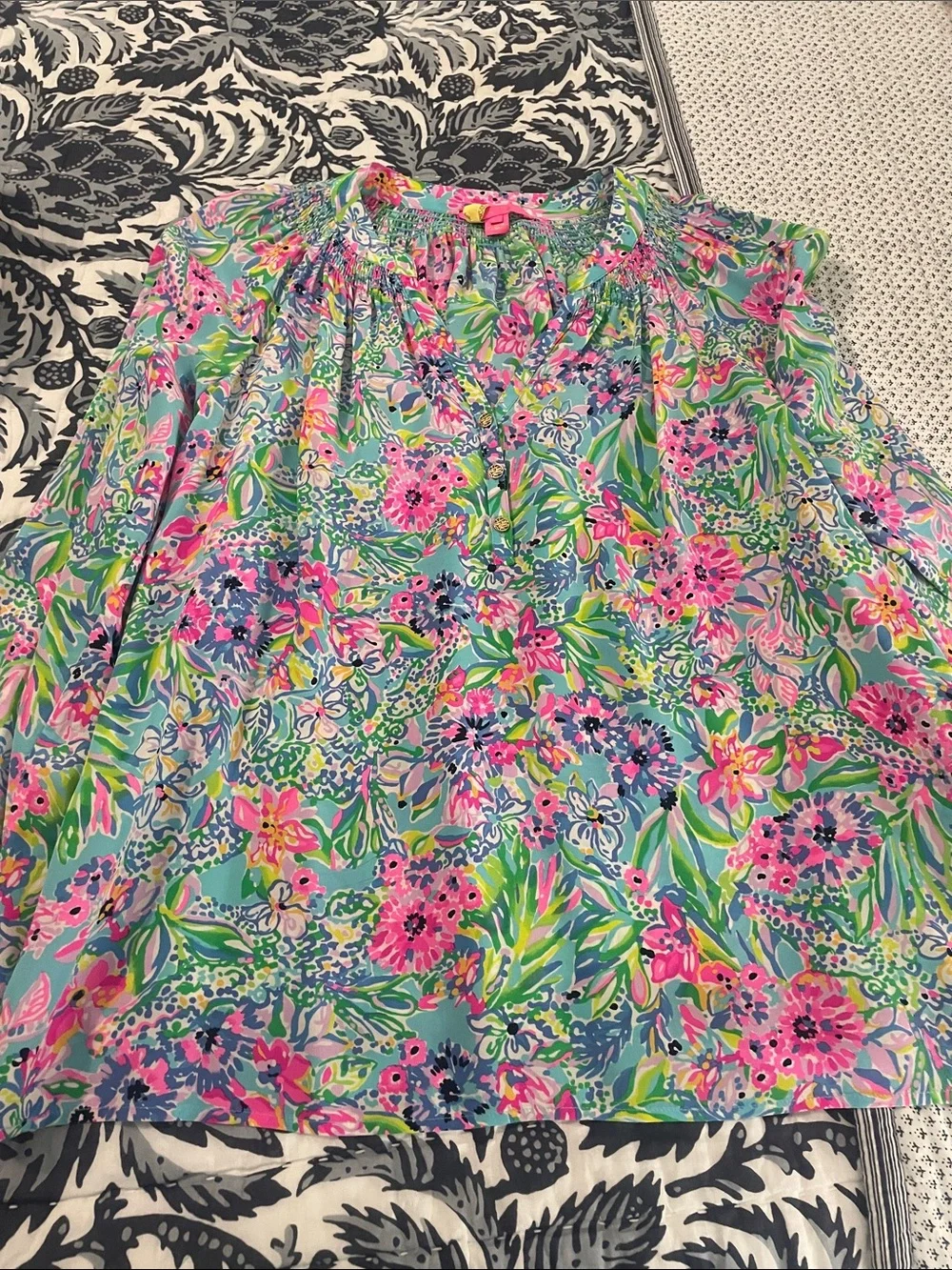Lilly Pulitzer Multicolor Floral Smocked Waist Blouse in Pink & Aqua - Picture 1 of 2